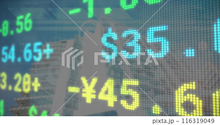 Image of multicolored trading board, gears over low angle view of modern buildings against sky Image of multicolored trading board, gears over low angle view of modern buildings against sky 116319049