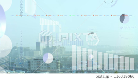 Image of multiple graphs and trading board over modern cityscape against sky 116319066
