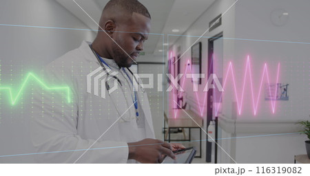 Image of data processing over african american male doctor in hospital Image of data processing over african american male doctor in hospital 116319082
