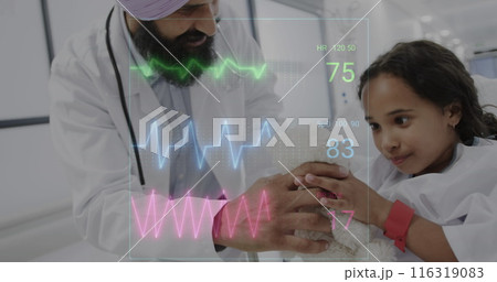 Image of data processing over asian male doctor with girl patient Image of data processing over asian male doctor with girl patient 116319083