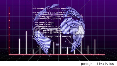 Image of circles on lines of graph over grid pattern and computer language against globe 116319100