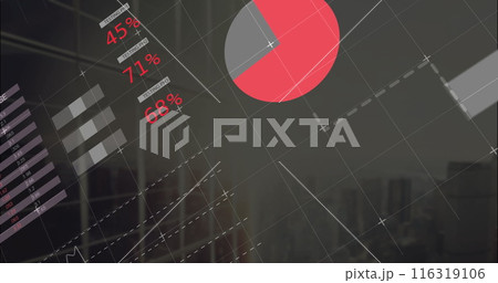 Image of multicolored infographic interface over modern cityscape against sky 116319106