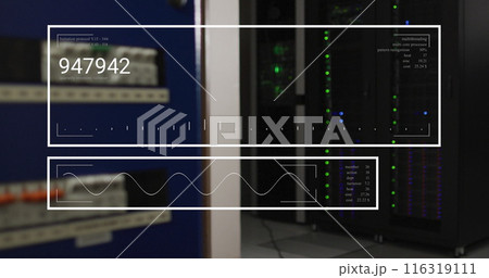 Image of changing numbers and graph over data server room 116319111