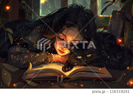 A young witch and her familiar cat peacefully curl up together over an open book. 116319281