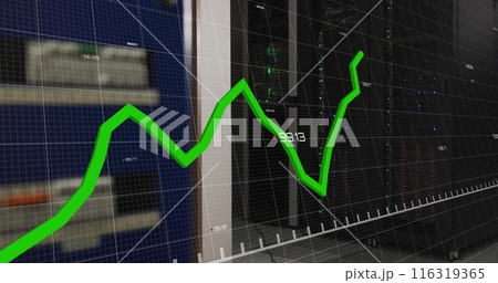 Image of graph with changing numbers over illuminated data server systems in server room Image of graph with changing numbers over illuminated data server systems in server room 116319365