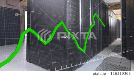 Image of graph with changing numbers over illuminated data server racks in server room 116319368