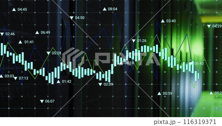 Image of multiple graphs with changing numbers over data server racks in server room 116319371
