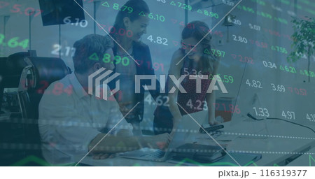 Image of multicolored trading board over caucasian coworkers discussing on desk 116319377
