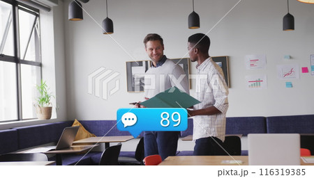 Image of numbers in notification bars, speech bubbles, diverse coworkers discussing reports 116319385