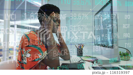 Image of trading board, tired african american woman removing spectacles and touching head Image of trading board, tired african american woman removing spectacles and touching head 116319397