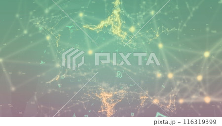 Image of connected dots with lines forming geometric shape against blue background 116319399