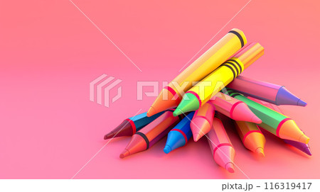 Pile of bright crayons on pink background. 116319417