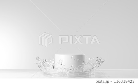 白背景と水面に浮かぶ白い台座。水しぶき。3D(横長) 白背景と水面に浮かぶ白い台座。水しぶき。3D(横長) 116319425