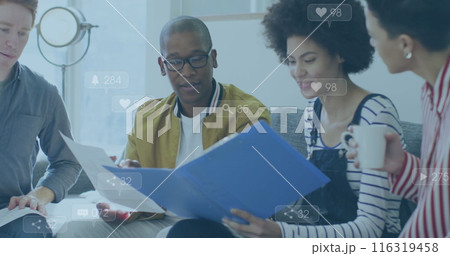 Image of notification bars over diverse coworkers sharing ideas in office 116319458