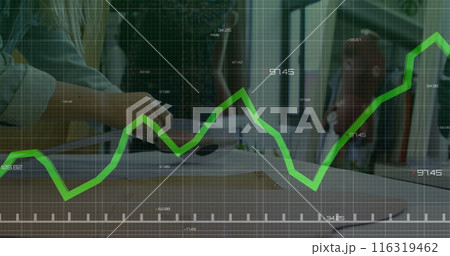 Image of graphs with changing numbers over caucasian woman drawing design outline on cloth Image of graphs with changing numbers over caucasian woman drawing design outline on cloth 116319462