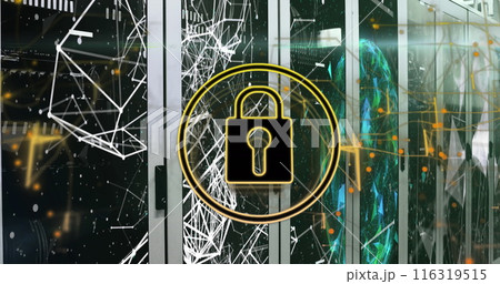 Image of security padlock icon and globe of plexus networks against computer server room Image of security padlock icon and globe of plexus networks against computer server room 116319515