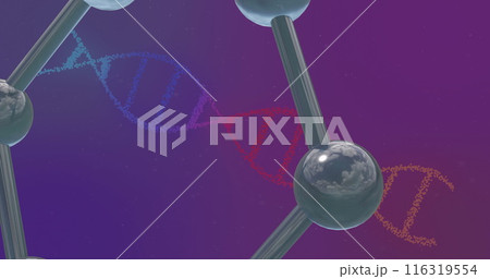 Image of floating molecules over dna chains on purple background 116319554