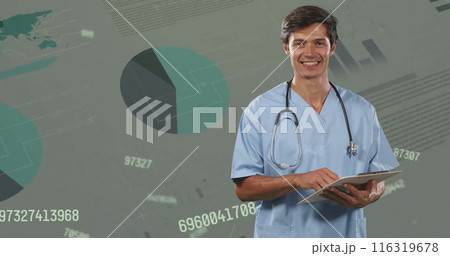 Image of financial data processing over caucasian male doctor Image of financial data processing over caucasian male doctor 116319678