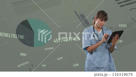 Image of financial data processing over caucasian female doctor 116319679
