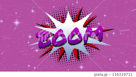Image of Boom text over comic retro speech bubble with glowing stars on purple background 116319711
