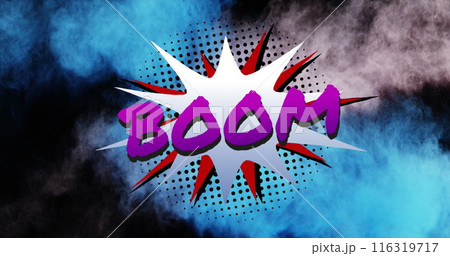 Image of Boom text over comic retro speech bubble with blue and grey cloud of smoke and powder on bl 116319717