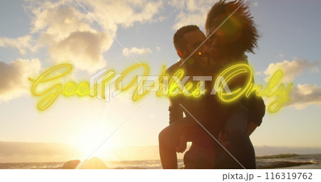 Image of text vibes over people by seaside Image of text vibes over people by seaside 116319762