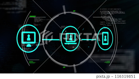 Image of flowchart of icons and circles over computer language against black background 116319851
