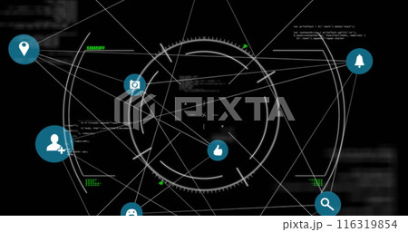 Image of connected icons and circles with computer language over black background 116319854