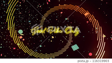 Image of good vibes only text over confetti and shapes on black background 116319903