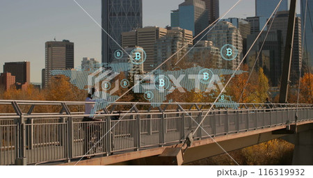 Image of world map and bitcoin symbols over cityscape Image of world map and bitcoin symbols over cityscape 116319932
