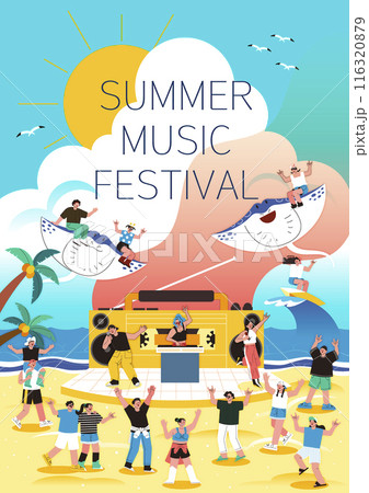 Illustration of people enjoying music at a summer music festival 116320879