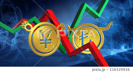 bullish try to bearish jpy or cny currency. 3d illustration of turkish lira to japanese yen or chinese yuan foreign exchange money market. chart with golden coins on the blue digital background bullish try to bearish jpy or cny currency. 3d illustration of turkish lira to japanese yen or chinese yuan foreign exchange money market. chart with golden coins on the blue digital background 116320916