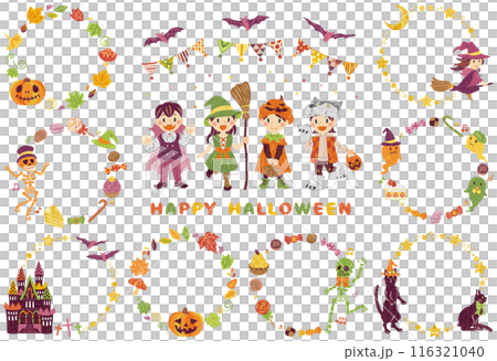 十月萬聖節兒童服裝插畫素材圓框套裝 116321040