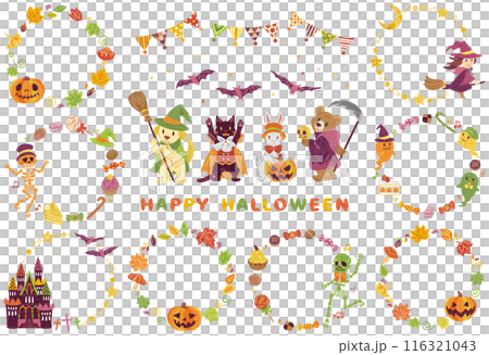 10月　ハロウィーン　仮装した動物たち　イラスト素材　丸フレームセット 116321043
