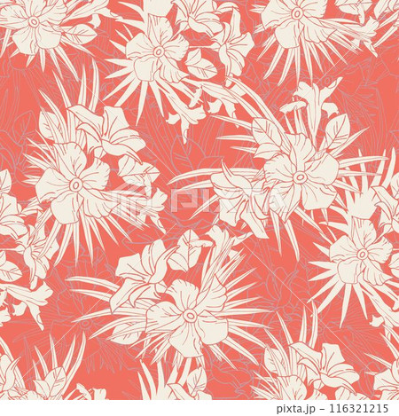 Jasmine flower and palm leaves silhouette seamless pattern for textile, scrapbook or wallpaper. Delicate tropical flower, vector background 116321215