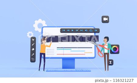 Mixed 2D 3D|パソコン上でフィルムを切り貼りして動画編集をする若い男女 Mixed 2D 3D|パソコン上でフィルムを切り貼りして動画編集をする若い男女 116321227