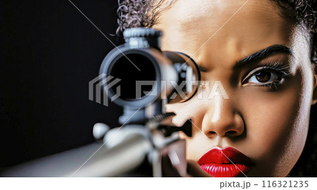 Focused woman with intense gaze using precision sniper rifle in dark setting 116321235
