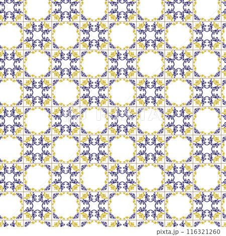 Azuleyo seamless pattern yellow and blue ornament.Portugal geometric ceramics. Azuleyo seamless pattern yellow and blue ornament.Portugal geometric ceramics. 116321260