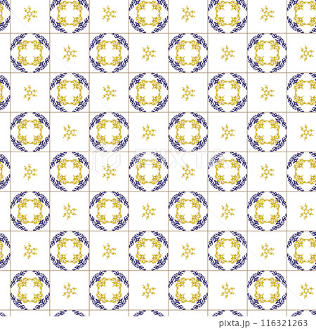 Azuleyo seamless pattern yellow and blue ornament.Portugal geometric ceramics. Azuleyo seamless pattern yellow and blue ornament.Portugal geometric ceramics. 116321263