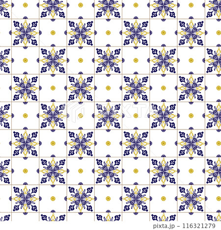 Azuleyo seamless pattern yellow and blue ornament.Portugal geometric ceramics. Azuleyo seamless pattern yellow and blue ornament.Portugal geometric ceramics. 116321279