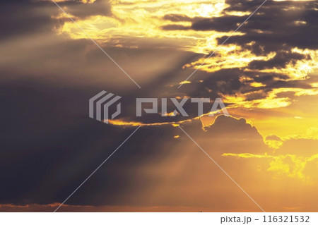 Beautiful sunset sky with clouds and sun rays. Nature background. Beautiful sunset sky with clouds and sun rays. Nature background. 116321532