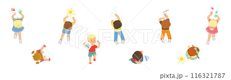 Funny Kid Lying and Drawing with Pencil Vector Set 116321787