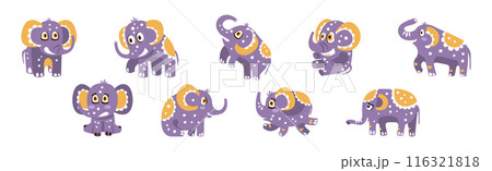 Cute Purple Baby Elephant Character with Pretty Snout Vector Set 116321818