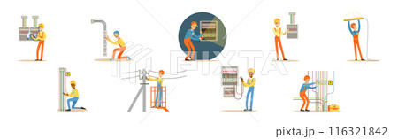 Electrician Man Professional Worker in Uniform Repair Electrical Element Vector Set Electrician Man Professional Worker in Uniform Repair Electrical Element Vector Set 116321842