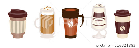 Aromatic Coffee Drink Type Poured in Cup Vector Set 116321883
