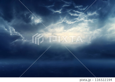 dark dramatic stormy sky with cumulus clouds over stormy sea with waves for abstract background 116322194