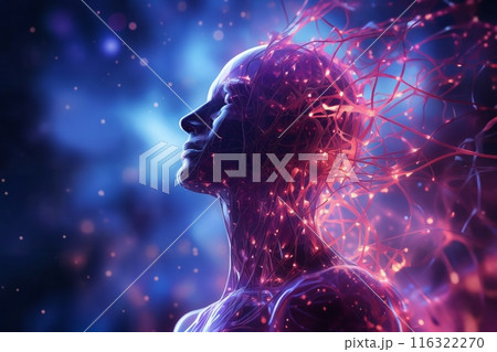 silhouette of a human body with the blood circulatory system and neural connections around head and brain, vegetative system, dark blue background, biotechnology concept 116322270
