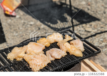 【オートキャンプ場でソロキャンプ　網で白モツを焼く】　 116322388