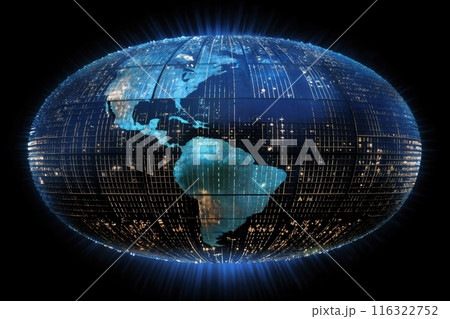 surface of earth planet with futuristic computer technology and mega city, digital connections with hologram and glow against background of space, concept of globalization and urbanization 116322752
