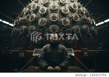 An employee controls the devices in a secret laboratory, technological process control, retro analog devices, in style of a photo reportage 116322754